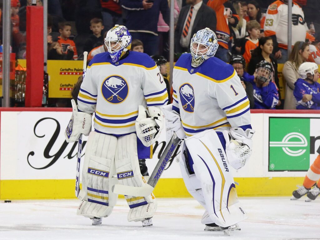 Devon Levi and Ukko-Pekka Luukkonen together before a game. Photo Credit: Amy Irvin/ The Hockey Writers