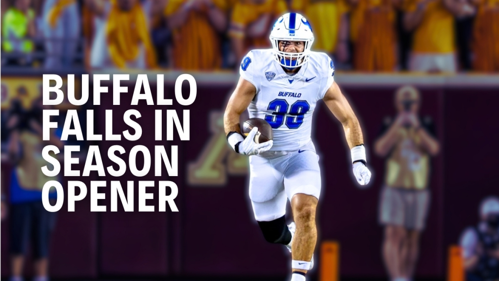 Mitchell Gonser runs with the football after crucial interception during UB Bulls Football's game against Minnesota on August 28, 2025.