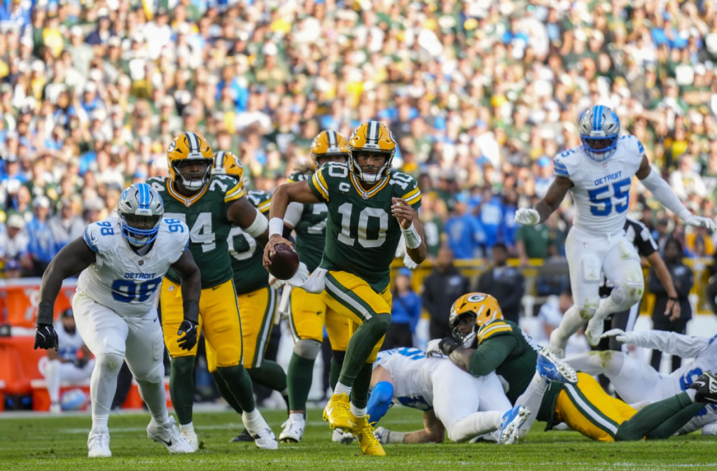 Green Bay Packers quarterback Jordan Love (10) during the game against the Detroit Lions at Lambeau Field on Sunday.Jeff Hanisch / IMAGN IMAGES via Reuters Connect
