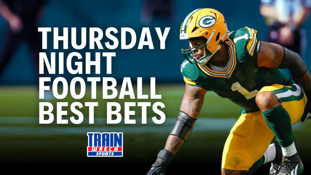 Green Bay Packers player in action with bold text overlay reading "Thursday Night Football Best Bets" and Trainwreck Sports logo below.