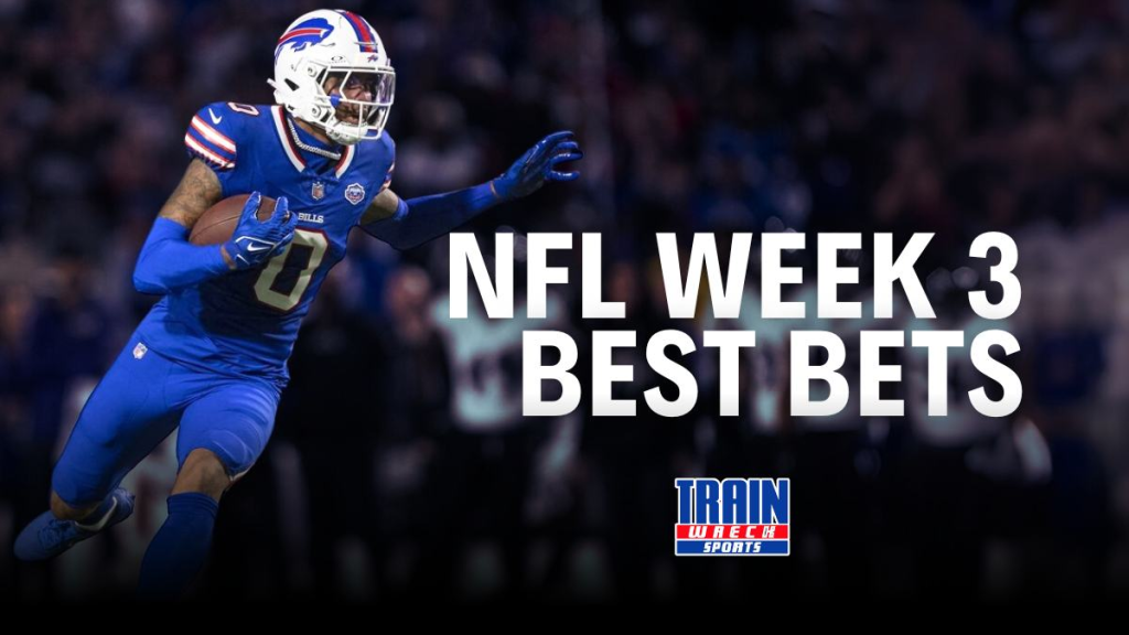Keon Coleman sprinting with the ball on a blurred stadium background; headline graphic for NFL best bets; Trainwreck Sports logo.