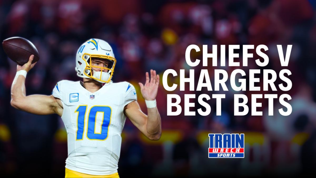 Justin Herbert drops back to pass with “Chiefs vs Chargers Best Bets” graphic for Trainwreck Sports.