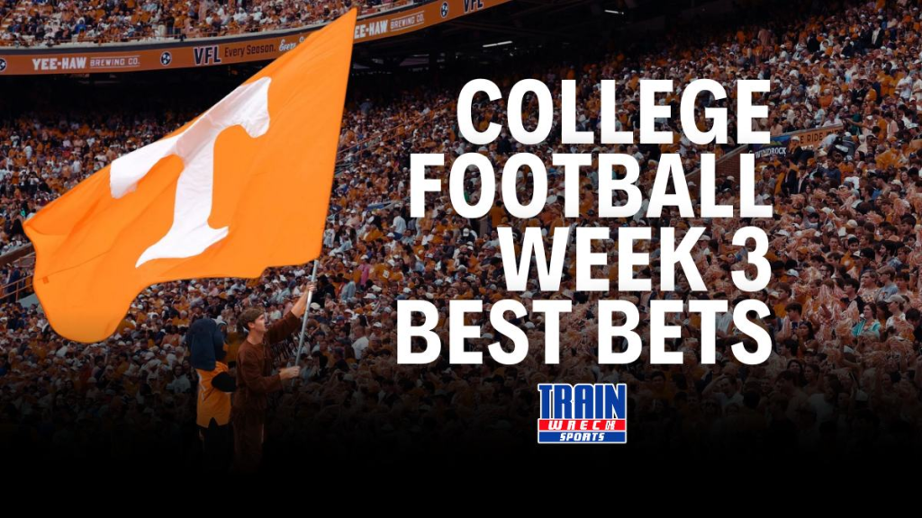 College football Week 3 best bets graphic with Tennessee Volunteers flag in a packed stadium
