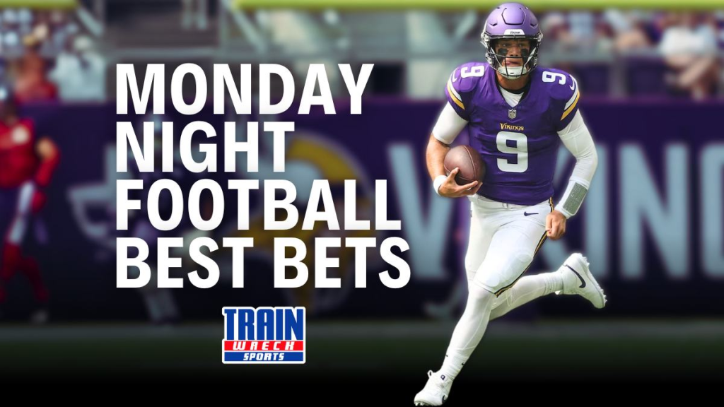 Quarterback in Minnesota Vikings uniform running with the football, alongside bold text that reads “Monday Night Football Best Bets” with Trainwreck Sports logo.