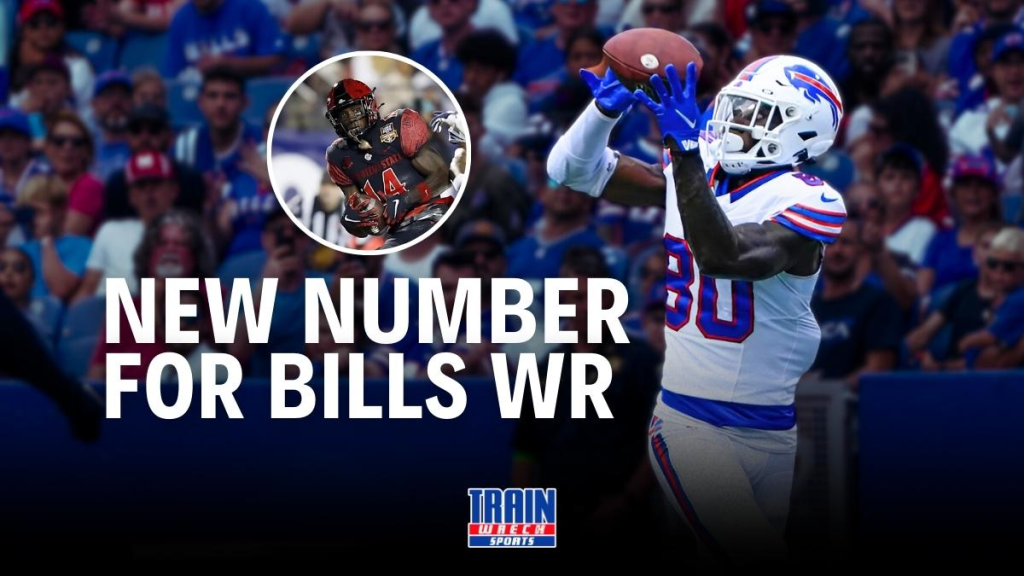 Buffalo Bills wide receiver Tyrell Shavers featured with text “New Number for Bills WR” highlighting his jersey number change from #80 to #14.